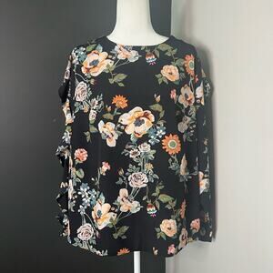 Ava & Viv Woman's Black‎ Orange Floral Ruffle Long Sleeve Blouse- Size 1X